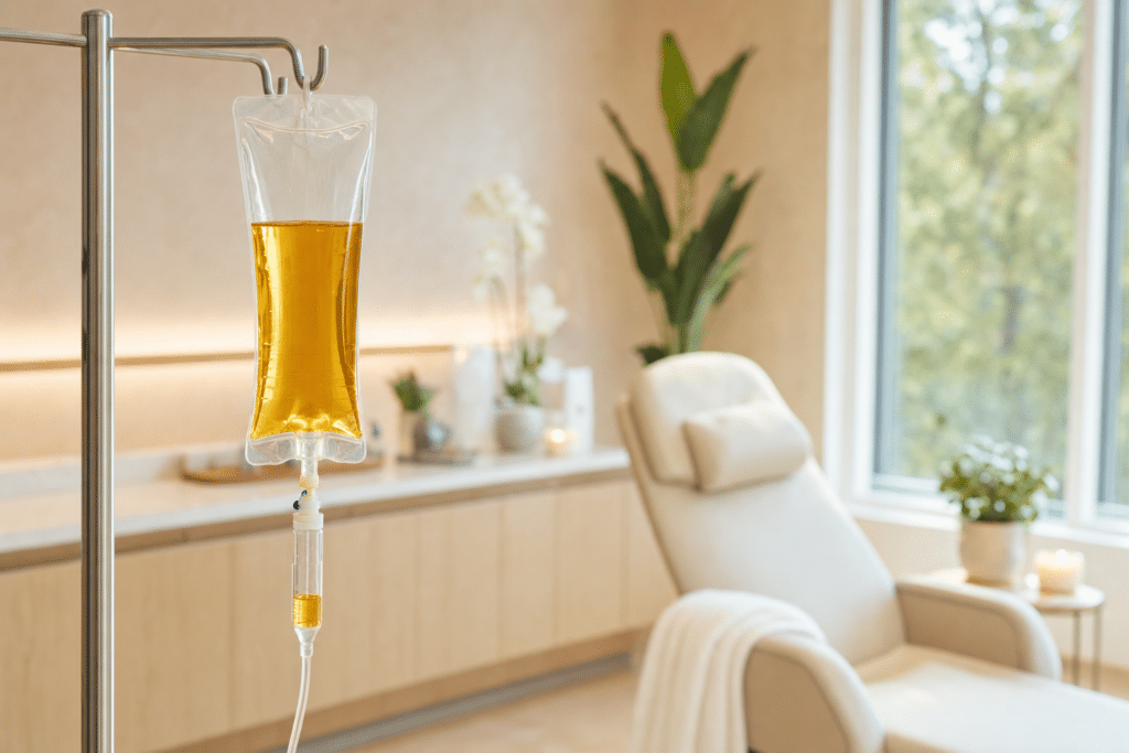 IV vitamin drip bag with golden vitamin solution in a modern wellness clinic