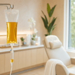 IV vitamin drip bag with golden vitamin solution in a modern wellness clinic
