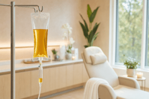IV vitamin drip bag with golden vitamin solution in a modern wellness clinic