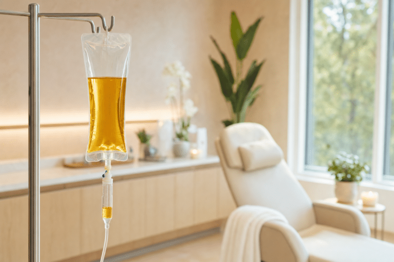 IV vitamin drip bag with golden vitamin solution in a modern wellness clinic