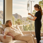 Woman receiving mobile IV therapy at a Palm Springs home with desert and palm tree views