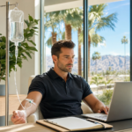 Focused professional working on a laptop while receiving IV hydration therapy in a sunlit Palm Springs office with desert and palm tree views