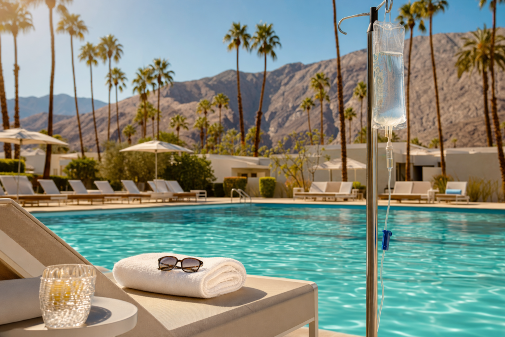 Palm Springs resort pool with an IV drip beside a lounge chair, desert mountains and palm trees in the background