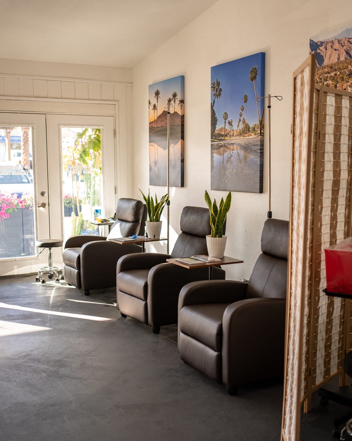 The PS Vitamin Infusions treatment lounge in Palm Springs — leather infusion chairs, plants, and framed desert artwork