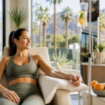 Active woman in athletic wear relaxing with a vitamin IV drip in a sunlit Palm Springs room with desert and palm tree views