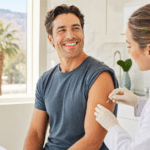 Smiling man receiving a B12 shot in the arm from a licensed clinician in a sunlit Palm Springs wellness clinic