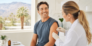 Smiling man receiving a B12 shot in the arm from a licensed clinician in a sunlit Palm Springs wellness clinic