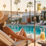 Woman in a sun hat relaxing poolside at a Palm Springs resort while receiving a refreshing IV hydration drip at golden hour