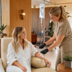 A wellness provider setting up a vitamin IV infusion for a smiling first-time client at a Palm Springs clinic