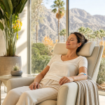 A relaxed client receiving a vitamin IV drip at a Palm Springs wellness clinic with desert mountain views, resetting after summer
